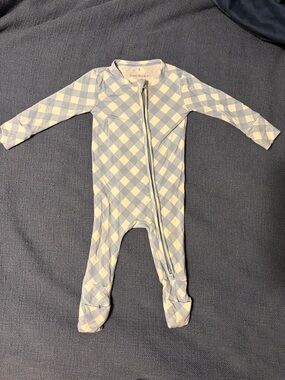 Posh Peanut Blue and Cream Gingham Zip Footed One-Piece Romper